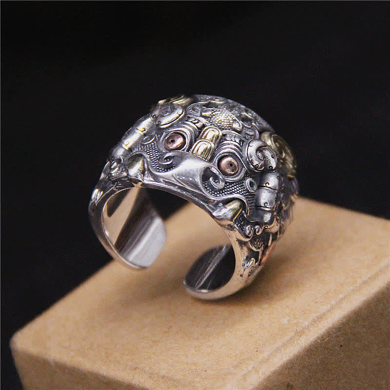 Buddha Stones925 スターリングシルバー 風水 魁 牛守 調節可能リング