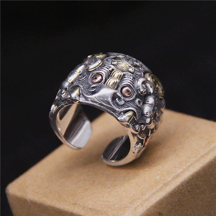 Buddha Stones925 スターリングシルバー 風水 魁 牛守 調節可能リング