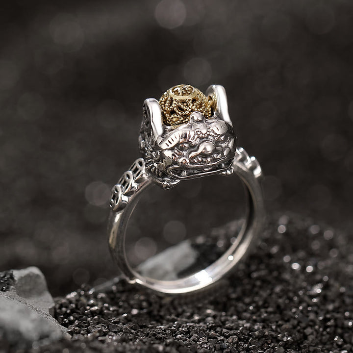 Buddha Stones925 スターリングシルバー 貔貅 銅貨 富 調節可能リング