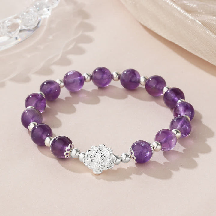 Buddha Stones925スターリングシルバー 天然アメジスト ロータス スピリチュアルブレスレット