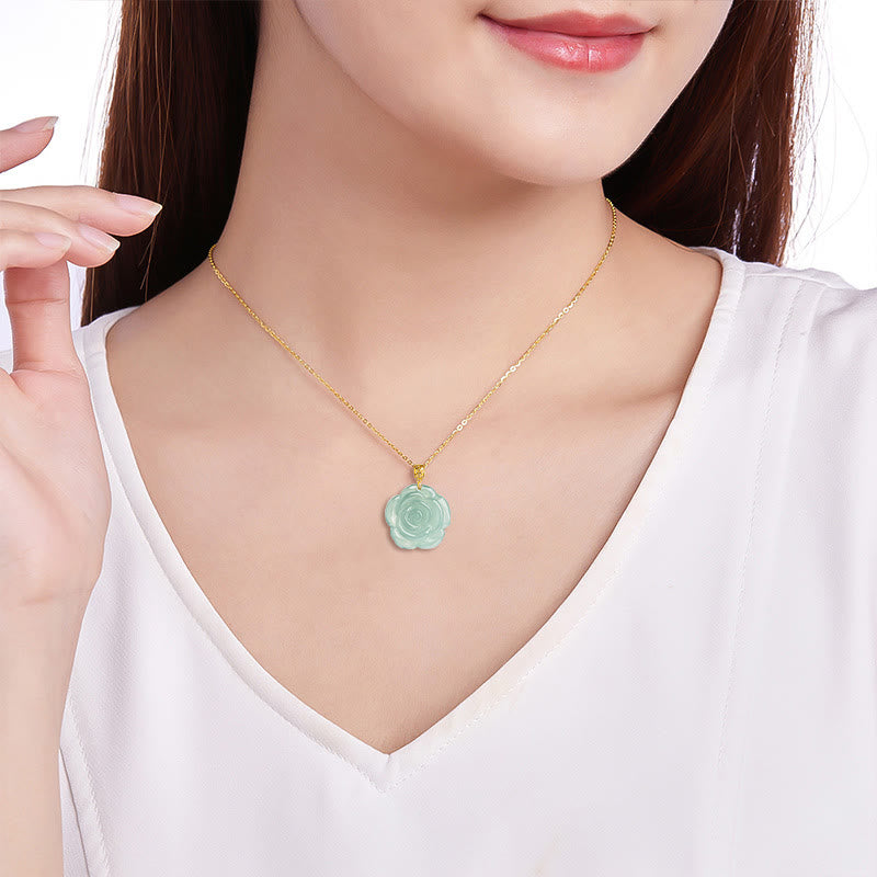 Buddha Stones18Kゴールド 925スターリングシルバー 天然翡翠 ローズ 幸運のネックレスペンダント