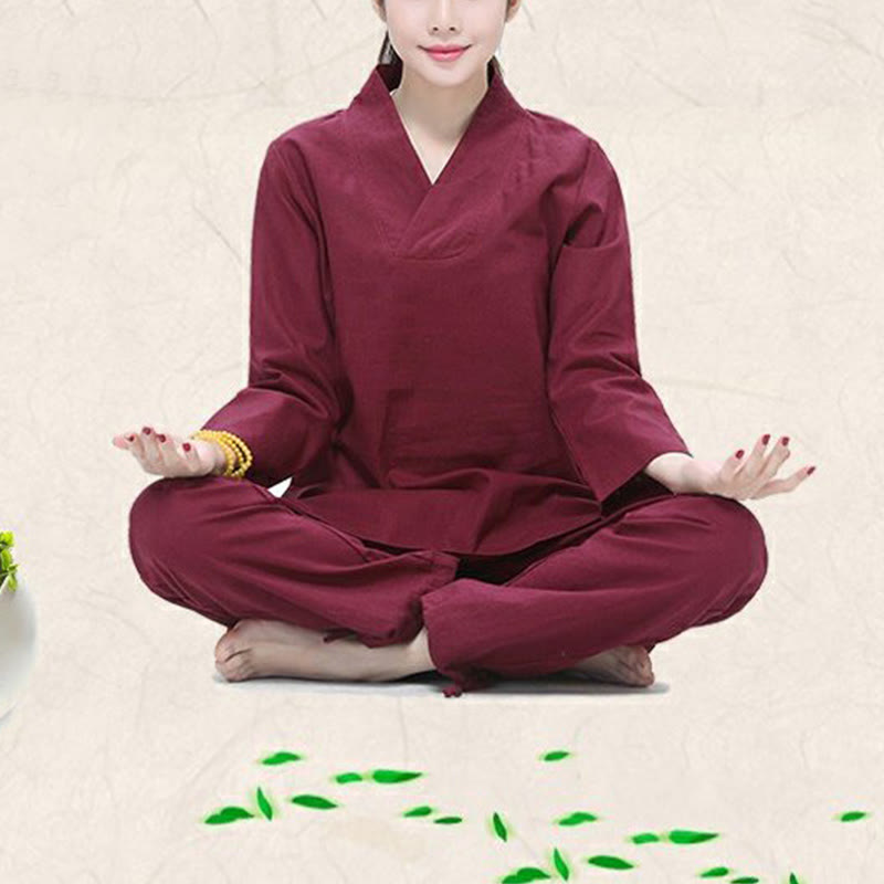 Buddha Stones禅 練習 ヨガ 瞑想 祈り Vネックデザイン ユニフォーム コットンリネン 服 レディース セット - image 3