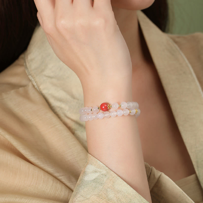 Buddha Stones 925スターリングシルバー 天然ホワイトアゲート 辰砂 ダブルラッププロテクションブレスレット