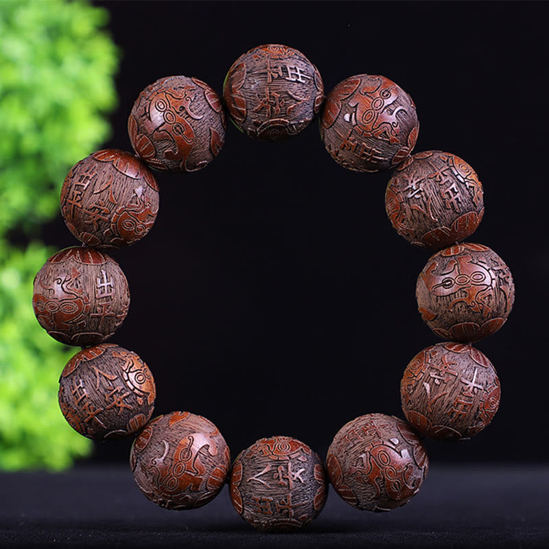 Buddha Stones、中国の十二支、ローズウッド、黒檀、銅貨、貔貅の彫刻、温もりのブレスレット