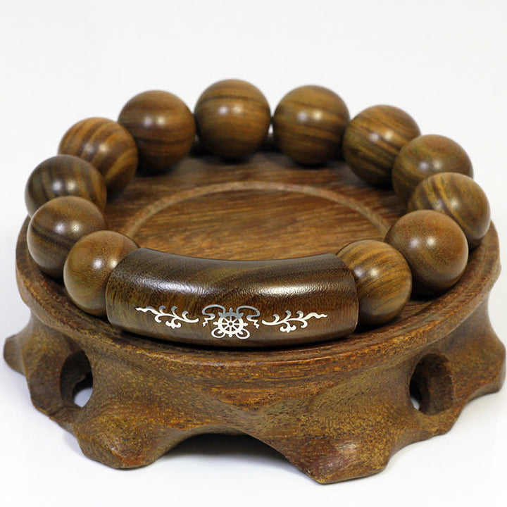 Buddha Stones999 スターリングシルバー グリーンサンダルウッドオーム・マニ・パドメ・フムドラゴンフェニックス ダルマチャクラ象嵌 平和ブレスレット