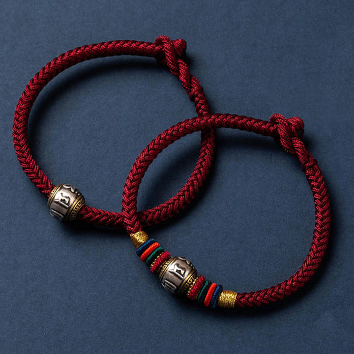 Buddha Stones925 スターリングシルバー チベット ハンドメイドオーム・マニ・パドメ・フム幸運の守護 キングコングノット 編み込みブレスレット