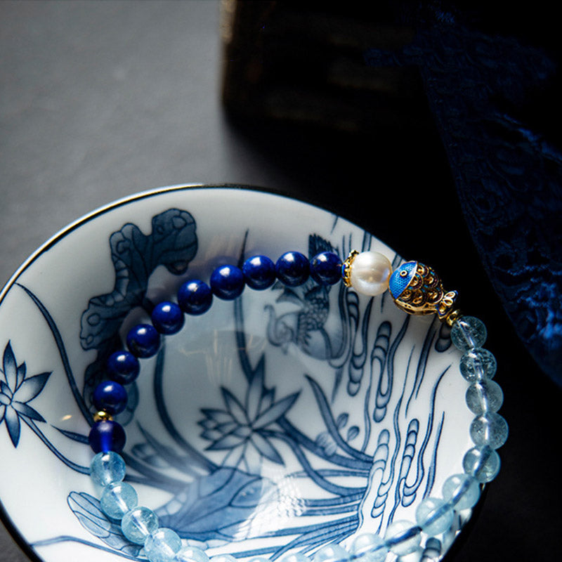 Buddha Stones天然アクアマリンラズライトフィッシュヒーリングブレスレット