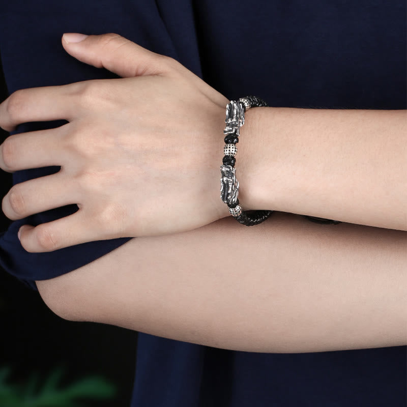 Buddha Stones999 スターリングシルバー ダブルドラゴン 幸運 ハンドメイド 編み込みブレスレット