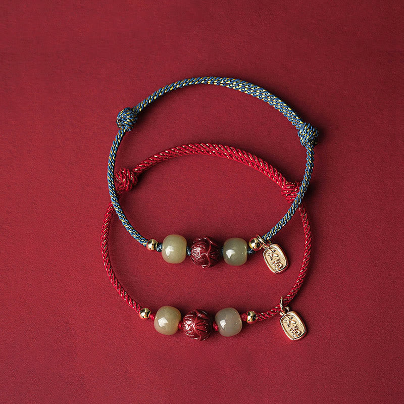 Buddha Stones14K ゴールドメッキ 和田翡翠 辰砂 蓮華 幸運 手作り ロープブレスレット - image 2
