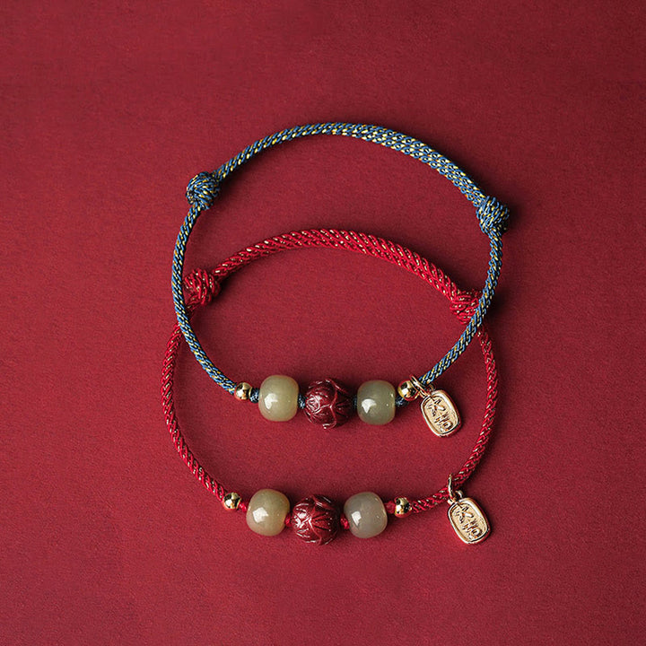 Buddha Stones14K ゴールドメッキ 和田翡翠 辰砂 蓮華 幸運 手作り ロープブレスレット - image 2