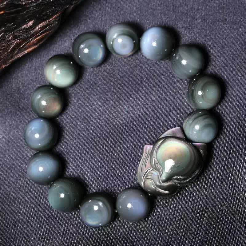 Buddha Stonesレインボーオブシディアン フォックス ヒーリング ポジティブブレスレット