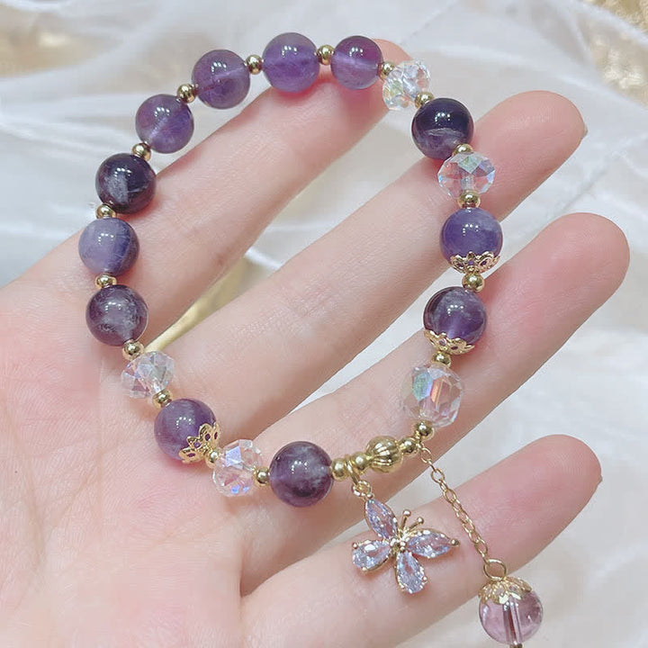 Buddha Stones 天然アメジストのスピリチュアル 蝶モチーフチャームブレスレット