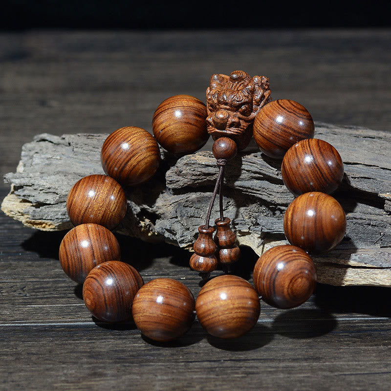 Buddha Stones、ローズウッド、グリーンサンダルウッド、小葉紫檀、龍彫刻の守護ブレスレット