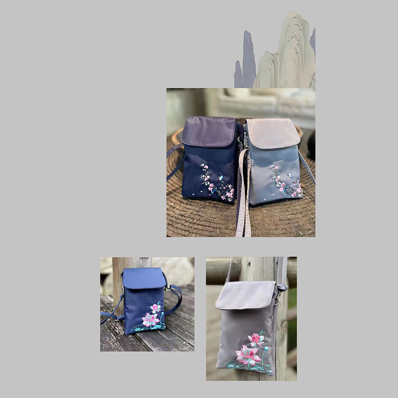 Buddha Stones防水ハンドメイド刺繍蓮の花クロスボディバッグショルダーバッグ携帯電話バッグ
