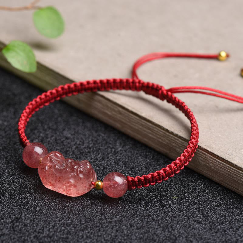 Buddha Stones天然ストロベリークォーツ貔貅幸運の赤紐ブレスレット