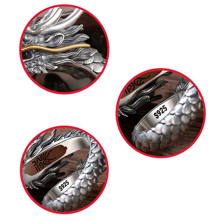 Buddha Stones925 スターリングシルバー ヴィンテージ ドラゴンデザイン 保護 強度 調節可能 リング