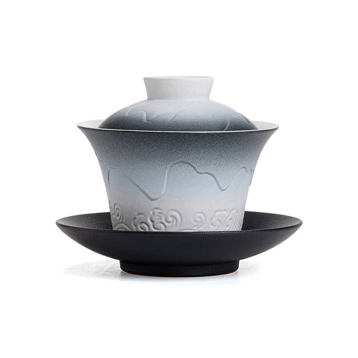 Buddha Stonesレトロブルーオーシャン海の波グラデーションセラミック蓋湾三彩ティーカップカンフーティーカップとソーサー蓋付き