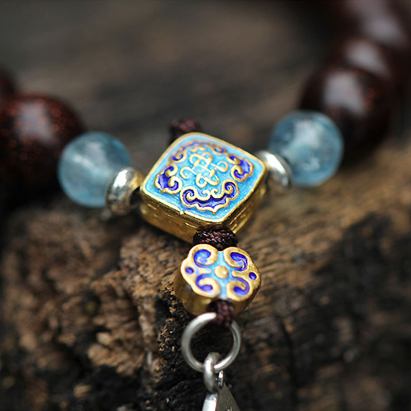 Buddha Stones925 スターリングシルバー インド産小葉 レッドサンダルウッド アクアマリン ゴールドスター 中国結び 祝福ブレスレット
