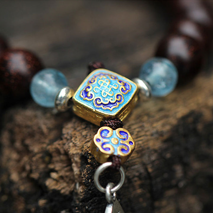 Buddha Stones925 スターリングシルバー インド産小葉 レッドサンダルウッド アクアマリン ゴールドスター 中国結び 祝福ブレスレット