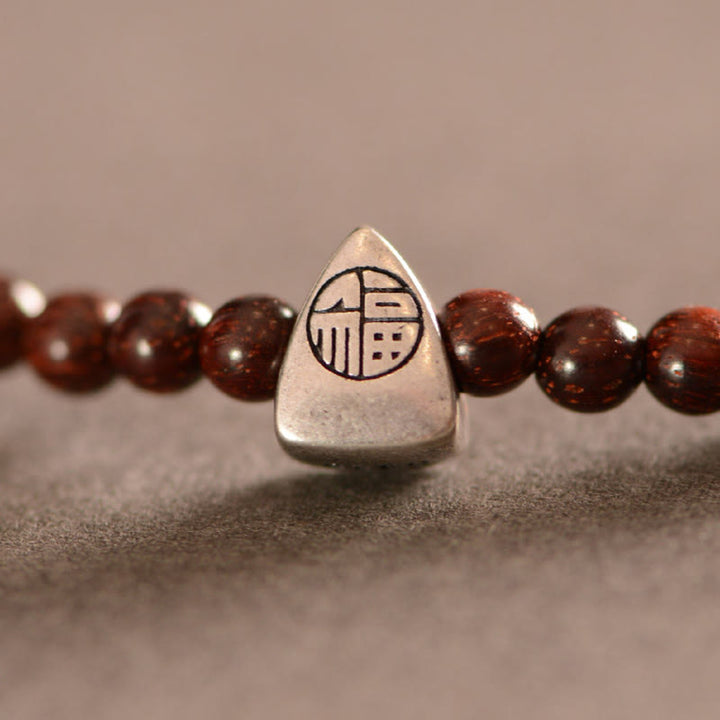 Buddha Stones925スターリングシルバー インド産小葉レッドサンダルウッド フーキャラクタープロテクショントリプルラップブレスレット