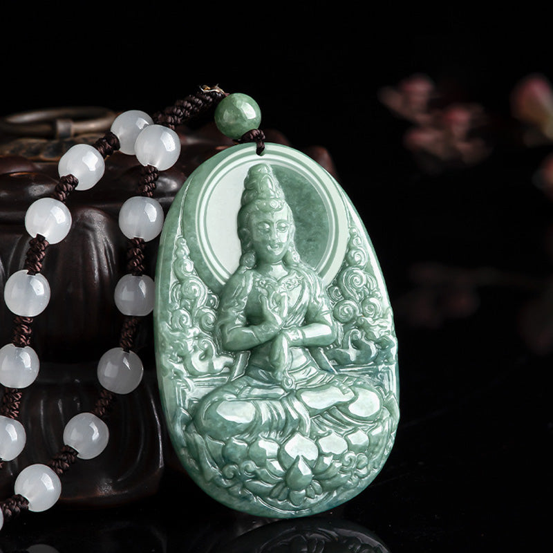 Buddha Stones天然翡翠 観音菩薩 お守り 富のネックレス ペンダント
