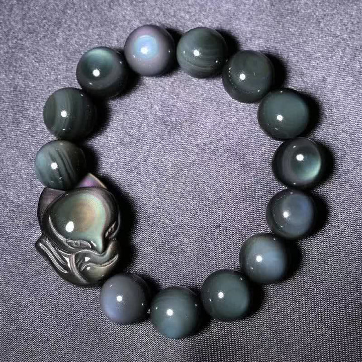 Buddha Stonesレインボーオブシディアン フォックス ヒーリング ポジティブブレスレット