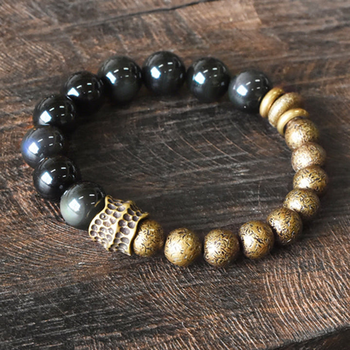 Buddha Stonesレインボーオブシディアン 銅ビーズ ポジティブトランスフォーメーションブレスレット
