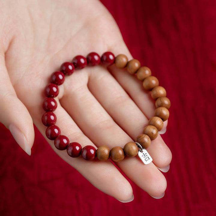 Buddha Stones925スターリングシルバー ピーチウッド シナバー 邪悪な霊を払うブレスレット