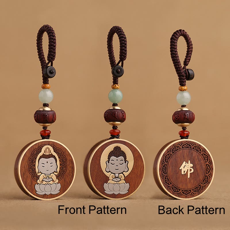 Buddha Stones黒檀木材ローズウッド仏観音菩薩Om Mani Padme Humバランス車のキーチェーン装飾