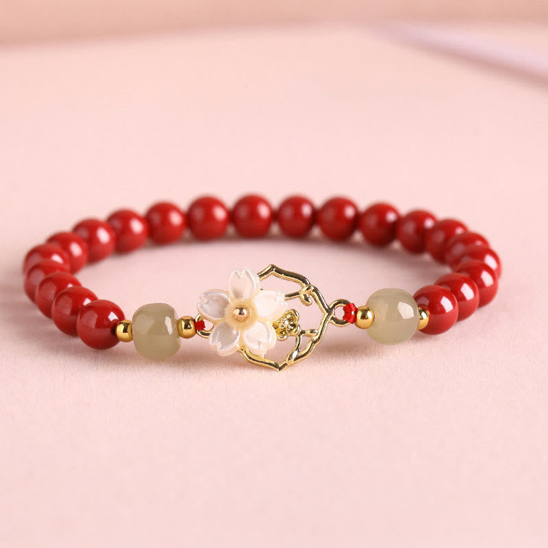 Buddha Stones天然辰砂翡翠ビーズ入りシャコガイ石花の祝福ブレスレット