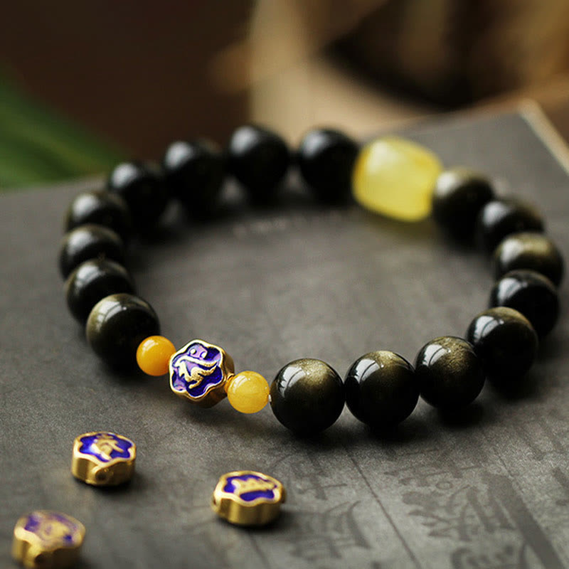 Buddha Stones925 スターリングシルバー十二支誕生仏天然金光沢 黒曜石 琥珀 富の守護ブレスレット