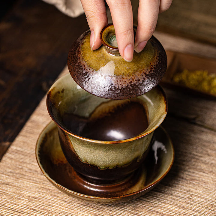 Buddha Stonesヴィンテージ ブラウン 窯変デザイン 磁器 セラミック 蓋碗 三彩 ティーカップ カンフー ティーカップ＆ソーサー 蓋付き