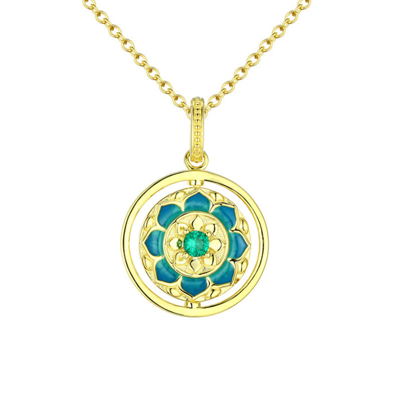 Buddha Stones925スターリングシルバー 蓮の花 フローラルジルコン 悟り 回転式ネックレスペンダント