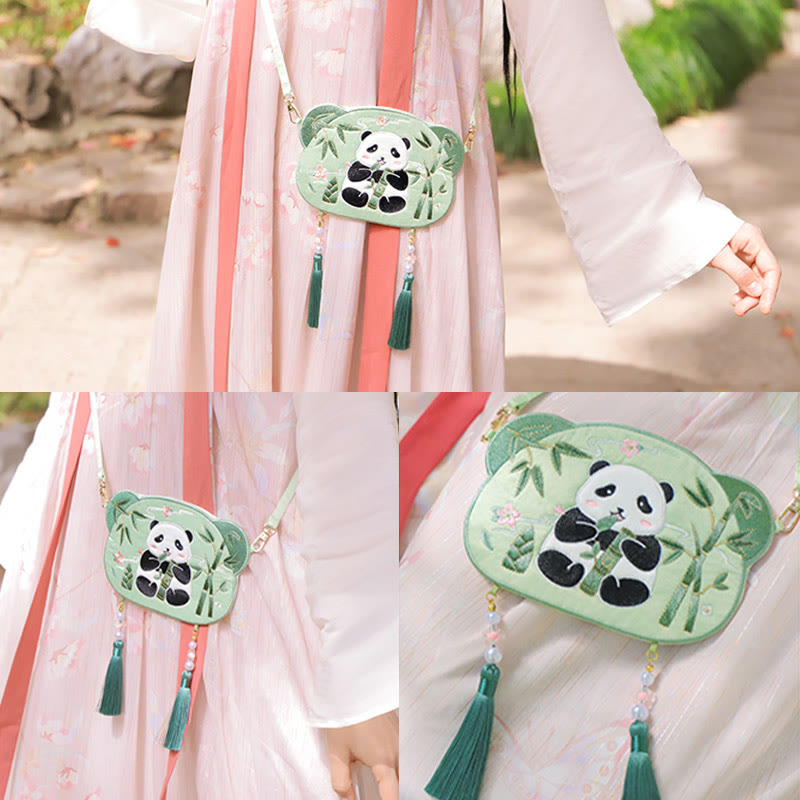 Buddha Stones刺繍のラッキーパンダ猫柴犬鹿ウサギキツネ花かわいい動物漢服バッグクロスボディバッグショルダーバッグ