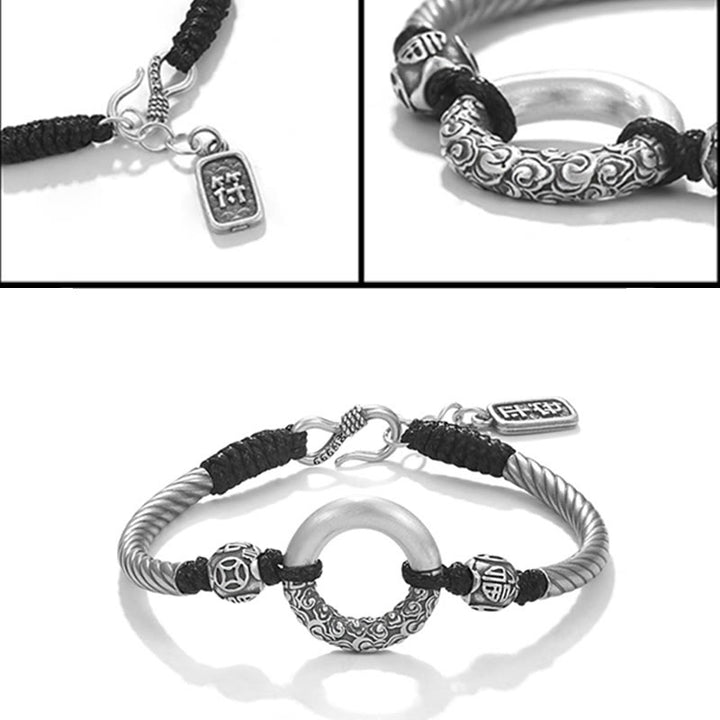 Buddha Stones999 スターリングシルバー 福文字 平和バックル 銅貨 縁起の良い雲 幸運のブレスレット