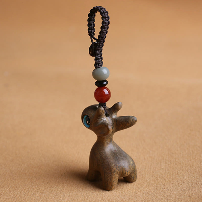 Buddha Stones白檀の小葉 紫檀 黒檀 緑檀 幸運のミニ鹿彫刻 守護キーチェーン 携帯電話吊り下げ装飾