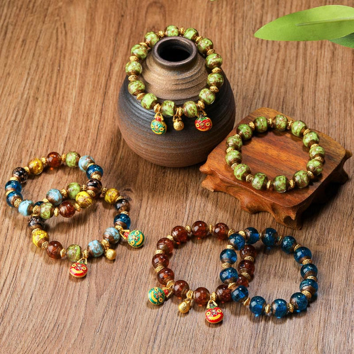 Buddha Stones金呑み獣ファミリーチャーム 琉璃ガラスビーズ 幸運ブレスレット