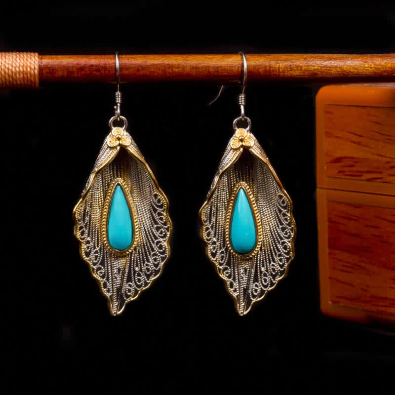 Buddha Stones925スターリングシルバー ターコイズ 菩提葉模様 保護ドロップダングルイヤリング