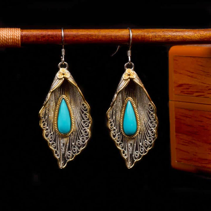 Buddha Stones925スターリングシルバー ターコイズ 菩提葉模様 保護ドロップダングルイヤリング