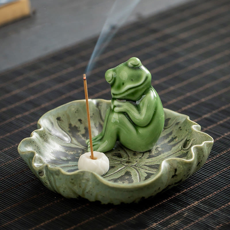 Buddha Stones葉 瞑想 カエル柄 癒し 陶器 香炉 装飾