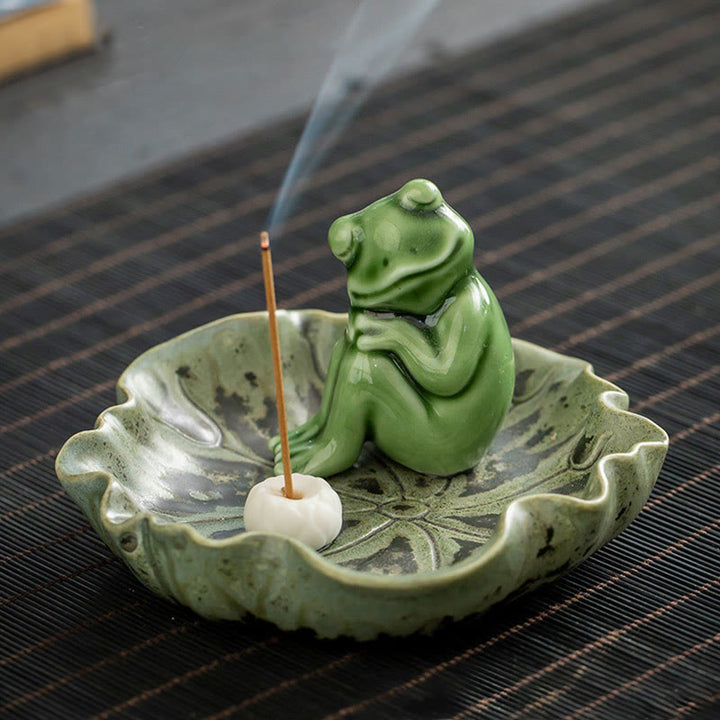 Buddha Stones葉 瞑想 カエル柄 癒し 陶器 香炉 装飾