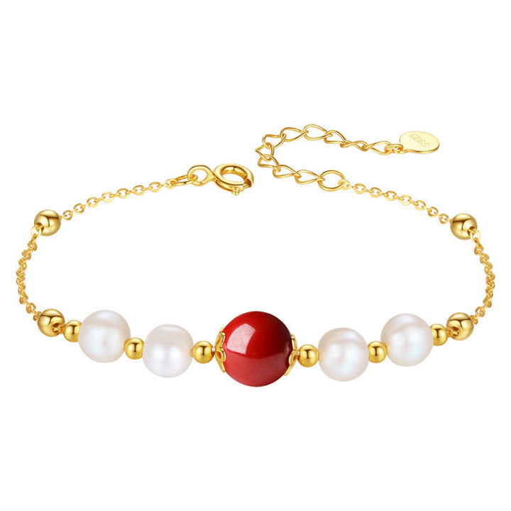 Buddha Stones925スターリングシルバー パール シナバー ヒーリングビーズチェーンブレスレット