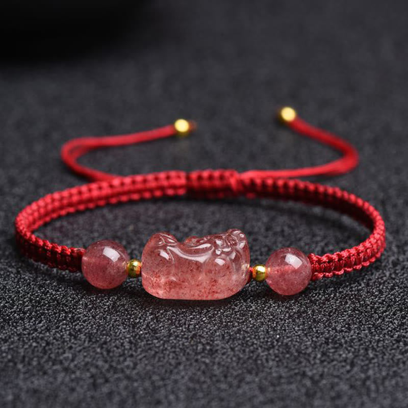 Buddha Stones天然ストロベリークォーツ貔貅幸運の赤紐ブレスレット