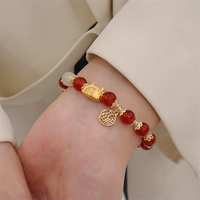 Buddha Stones赤瑪瑙 ストロベリークォーツ 黒曜石 翡翠 ガーネット 真珠 辰砂 団子型 龍 幸運 福 キャラクター ブレスレット - image 5