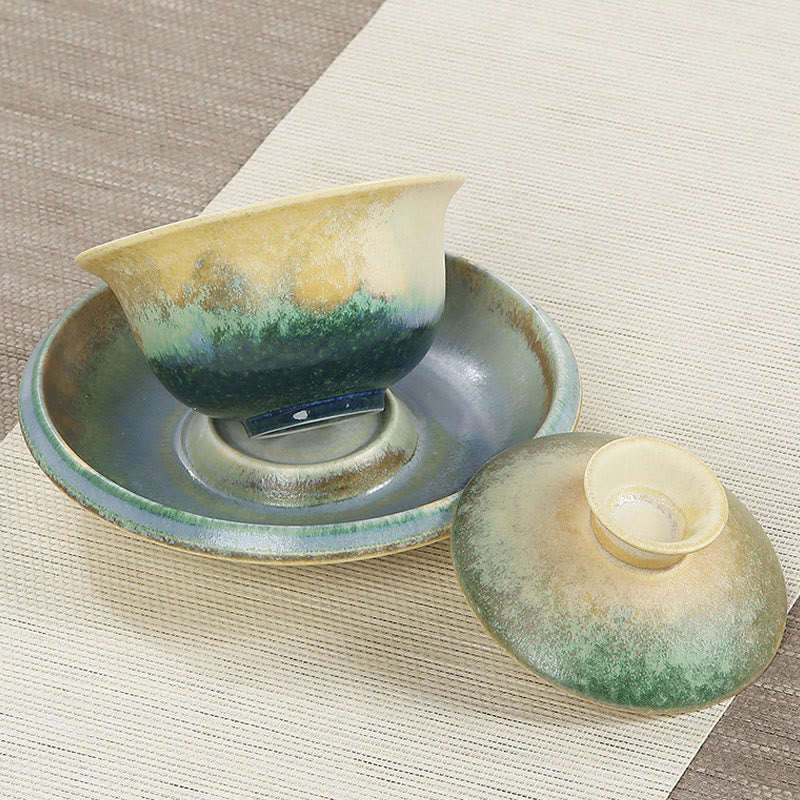 Buddha Stones緑の海の波模様 磁器 セラミック 蓋碗 三彩 ティーカップ カンフー ティーカップ ソーサー 蓋付き