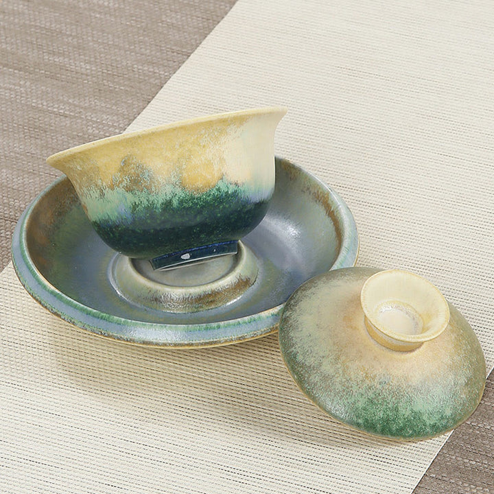 Buddha Stones緑の海の波模様 磁器 セラミック 蓋碗 三彩 ティーカップ カンフー ティーカップ ソーサー 蓋付き