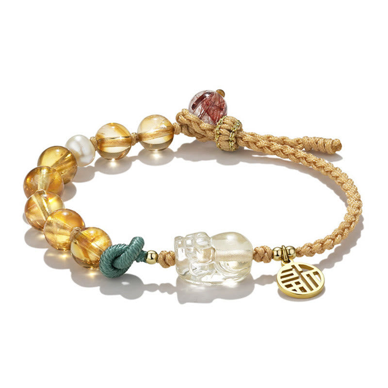 Buddha Stonesシトリン 貔貅 福 キャラクター 繁栄 紐 編み込み ブレスレット