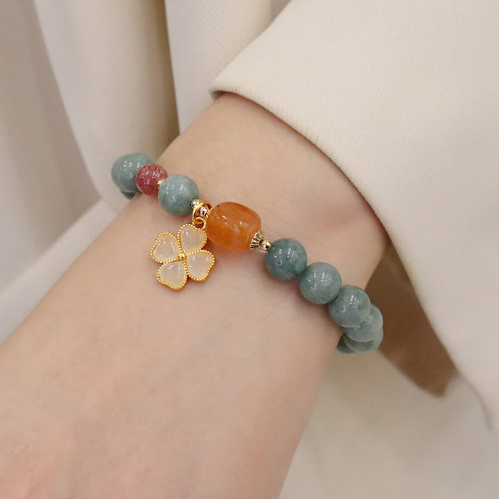 Buddha Stones翡翠四つ葉のクローバーチャーム繁栄ブレスレット