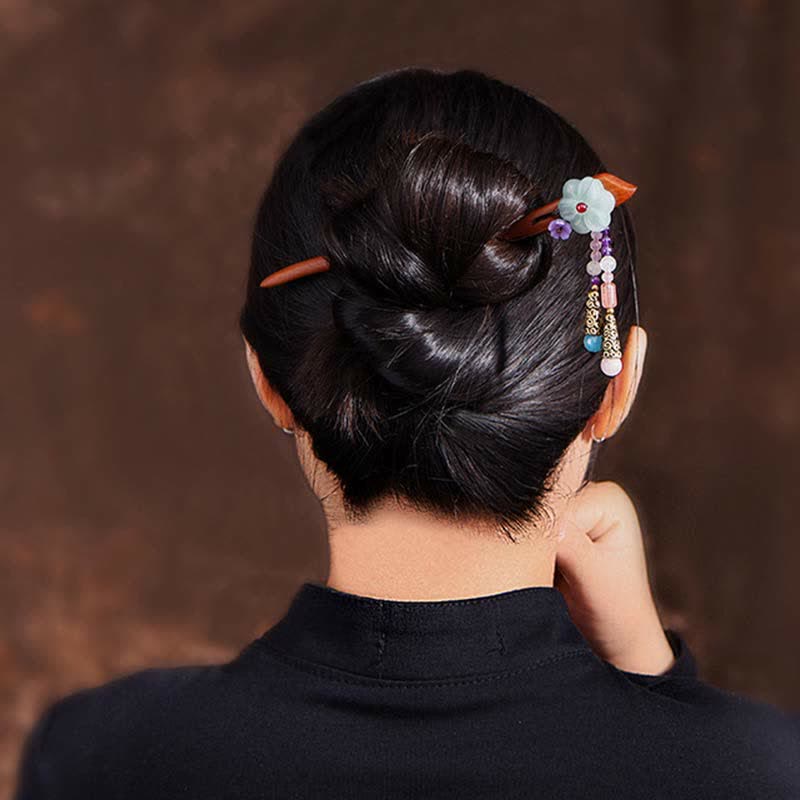 レッドサンダルウッド、アメジスト、アベンチュリンのお守りヘアピン装飾