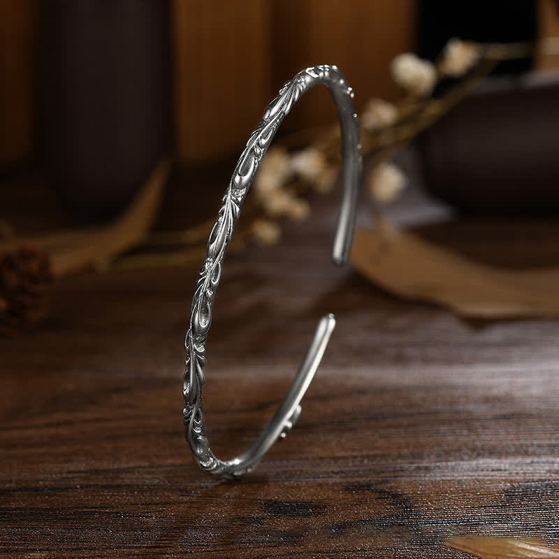 Buddha Stones925スターリングシルバー ハンドメイド ブドウの木 彫刻入り守護ブレスレットバングル